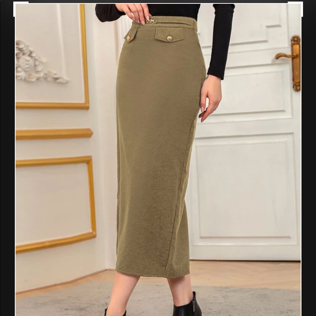 3/$25!! New Solid Flap Detailed Chained Waist Corduroy Split Midi Pencil Skirt M